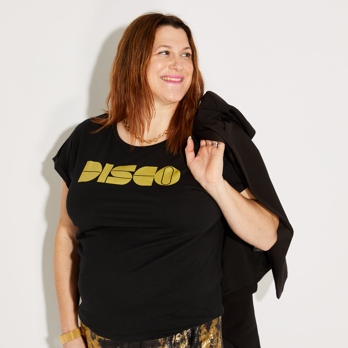 Womens black t-shirt with gold 'DISCO' print - Disko Kids