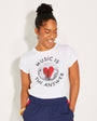 Womens white t-shirt with 'Music is the Answer' text around a black discoball red heart - Disko Kids