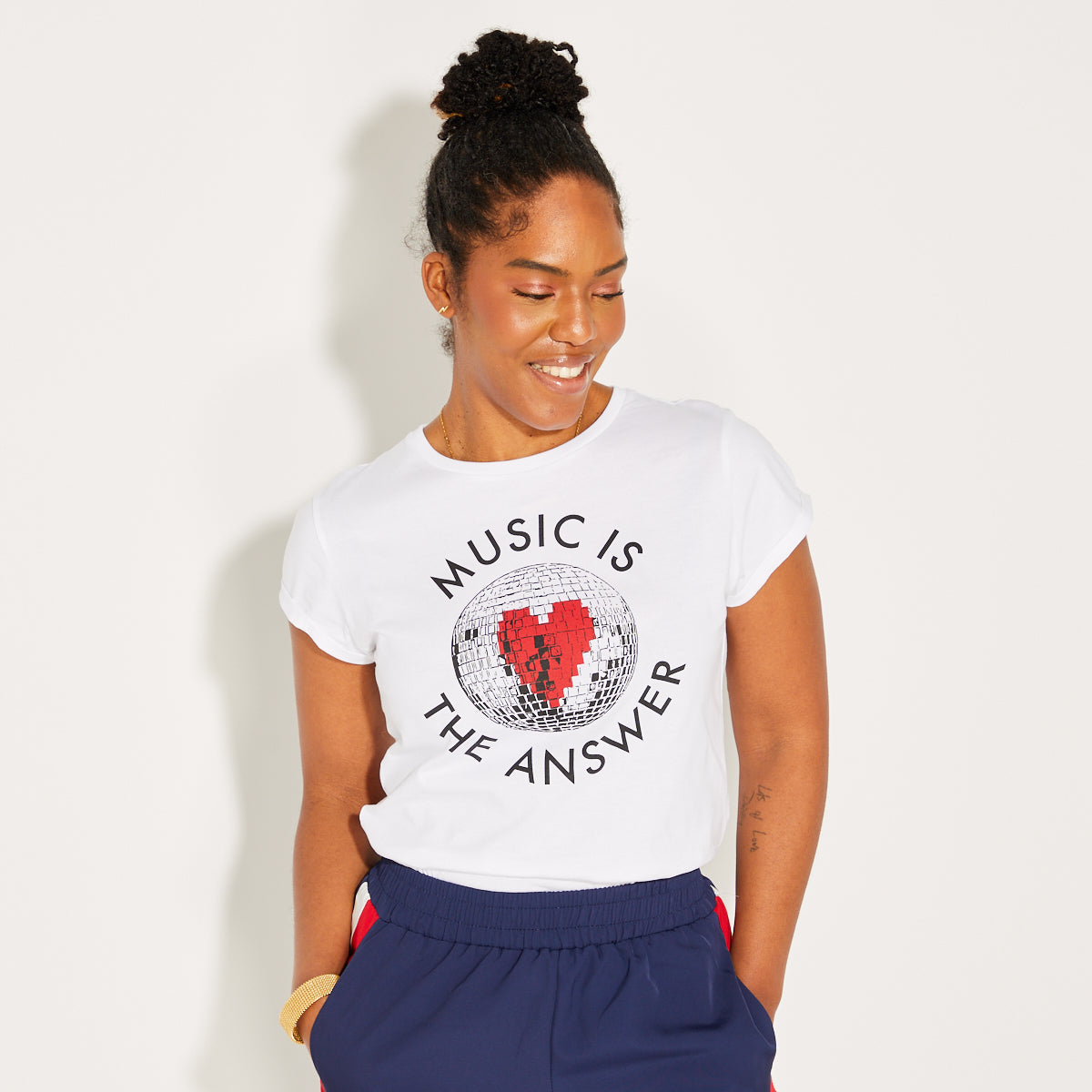 Womens white t-shirt with 'Music is the Answer' text around a black discoball red heart - Disko Kids