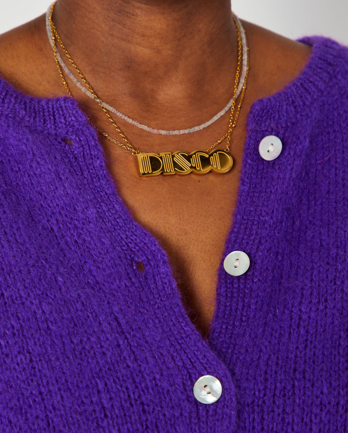 Large Disco Pendant Gold with purple cardi