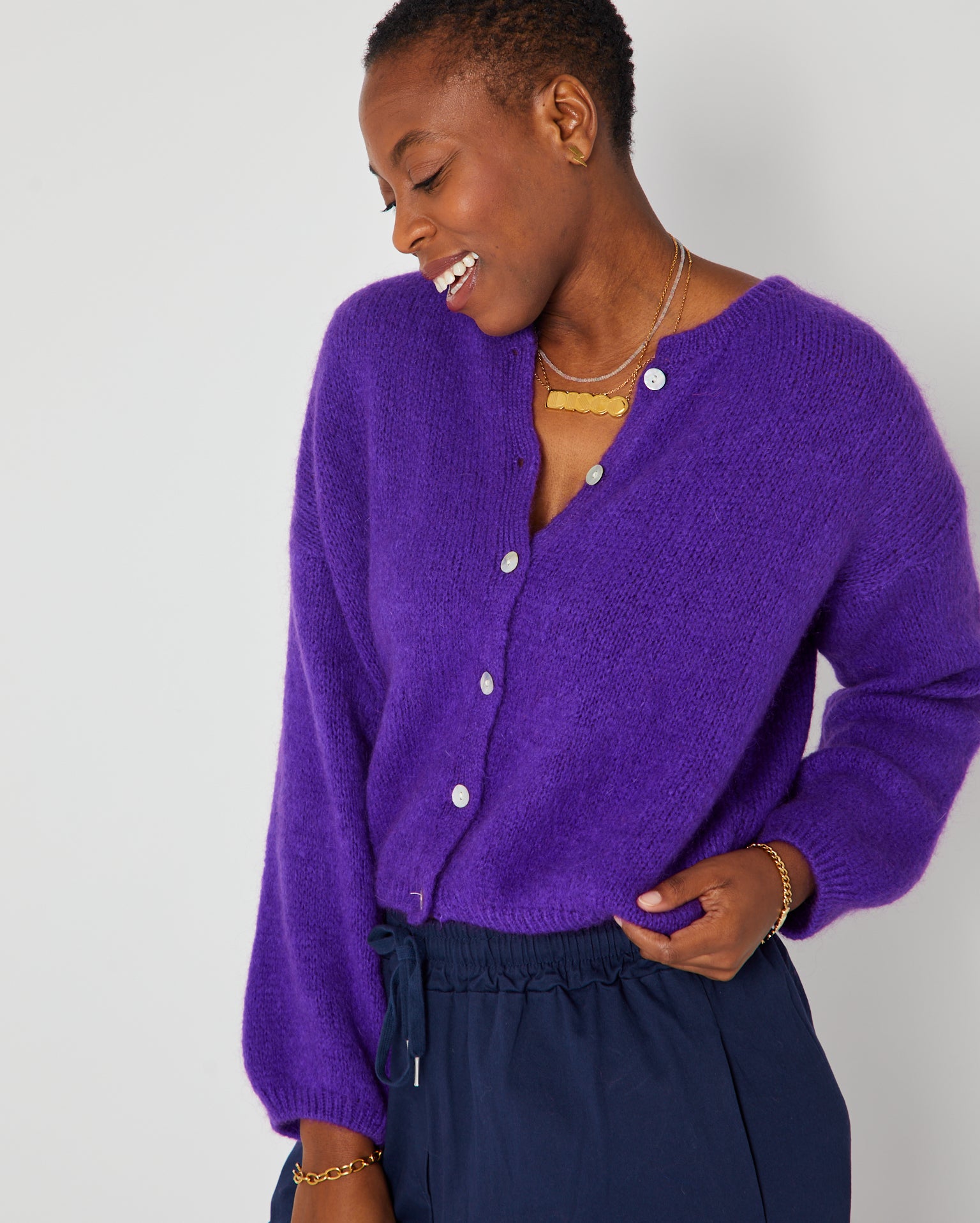 Purple Round Neck Cardigan