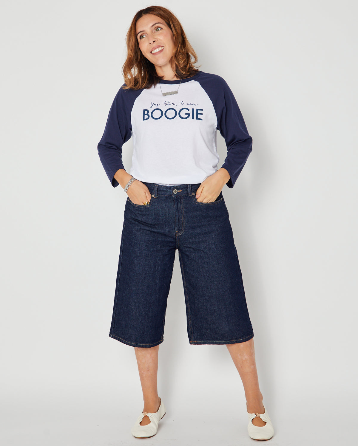 full outfit with yes sir I can boogie raglan baseball tshirt and denim jorts