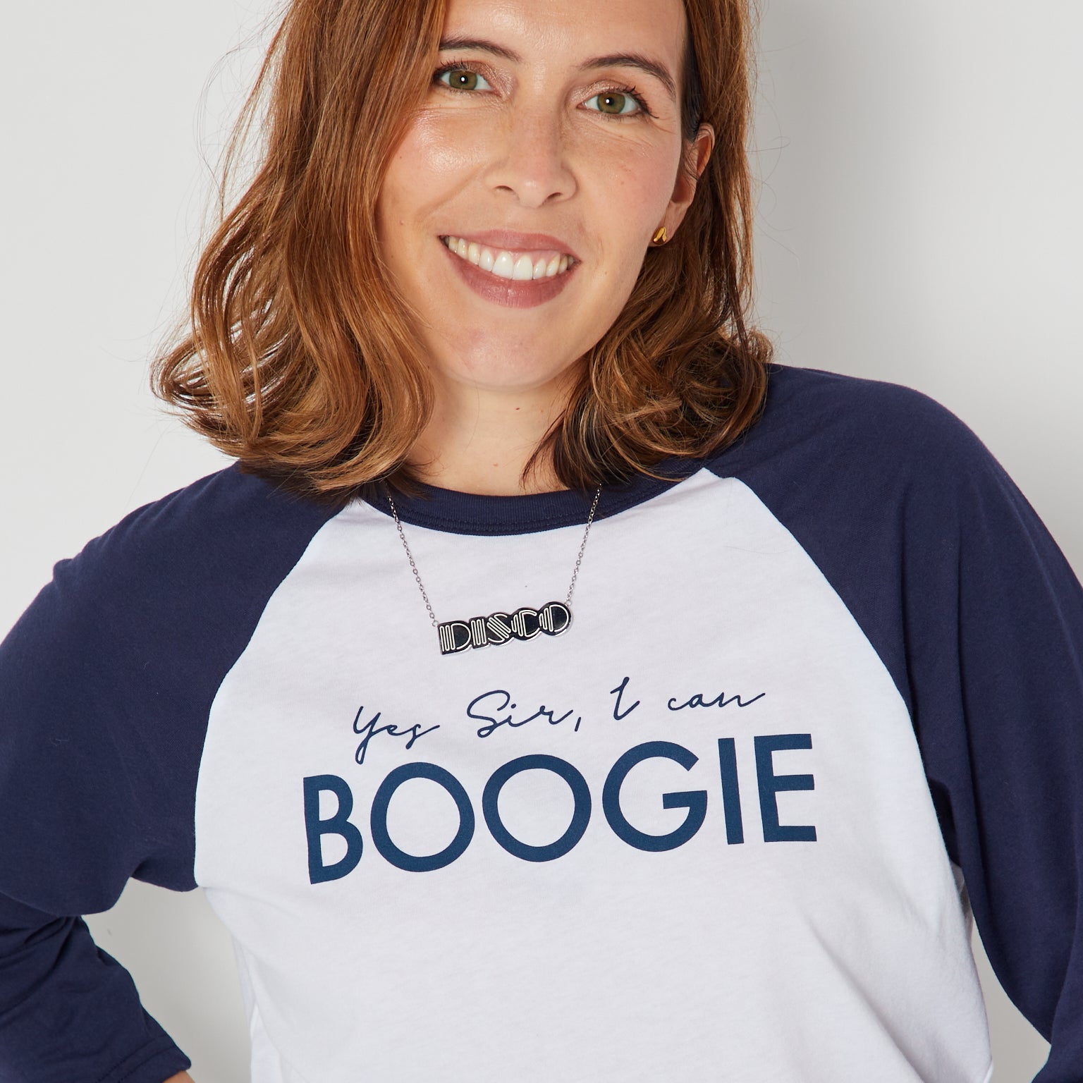 yes sir I can boogie raglan tshirt baseball style in navy close up