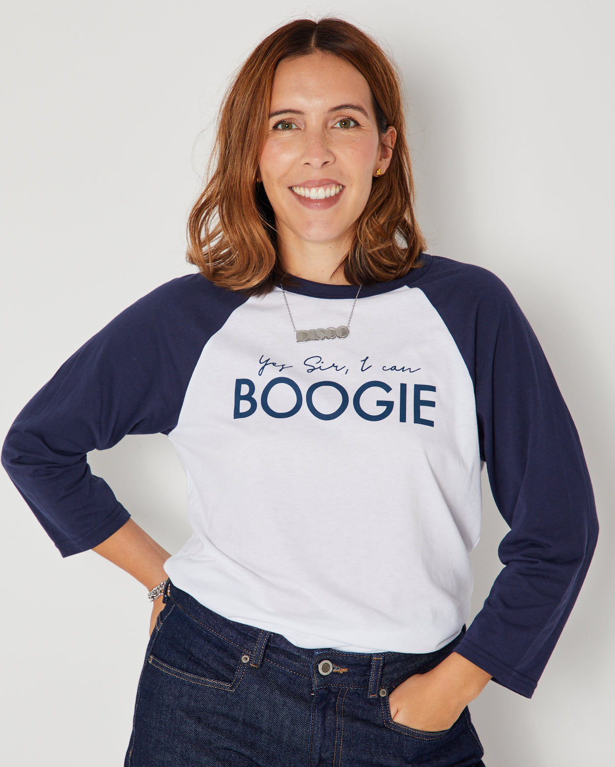 yes sir I can boogie raglan baseball tshirt mosel shot showing full top and DISCO silver necklace