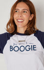yes sir I can boogie raglan baseball tshirt on model with silver DISCO pendant close up image