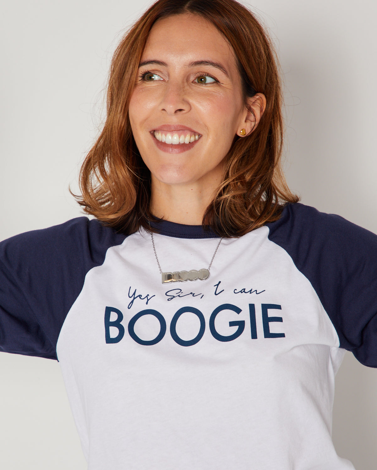 yes sir I can boogie raglan baseball tshirt on model with silver DISCO pendant close up image