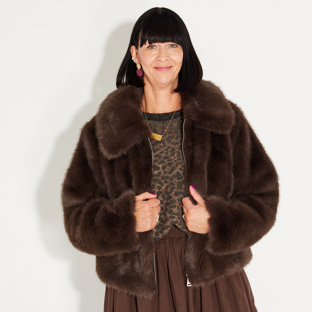 Womens chocolate faux fur jacket - Disko Kids