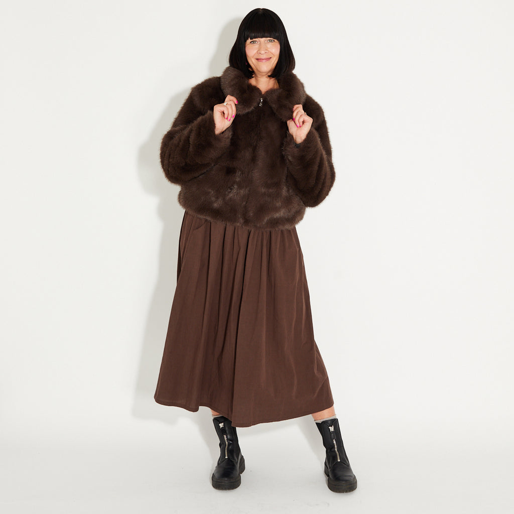 Womens chocolate faux fur jacket - Disko Kids
