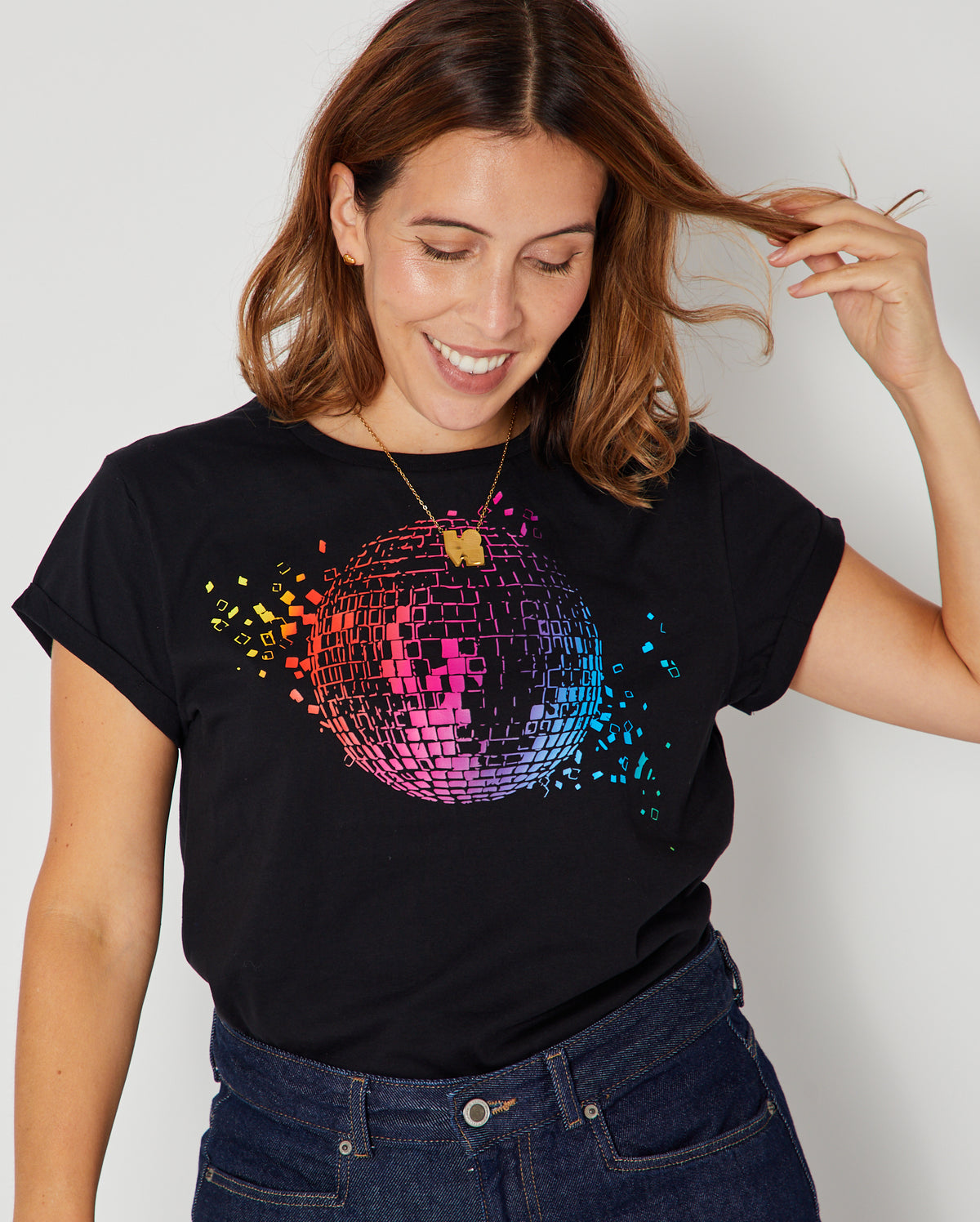 Disco Down Candi Tshirt Rainbow tucked into jens shattered mirrorball