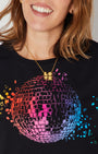 Disco Down Candi Tshirt Rainbow close up woth LOVE necklace in gold