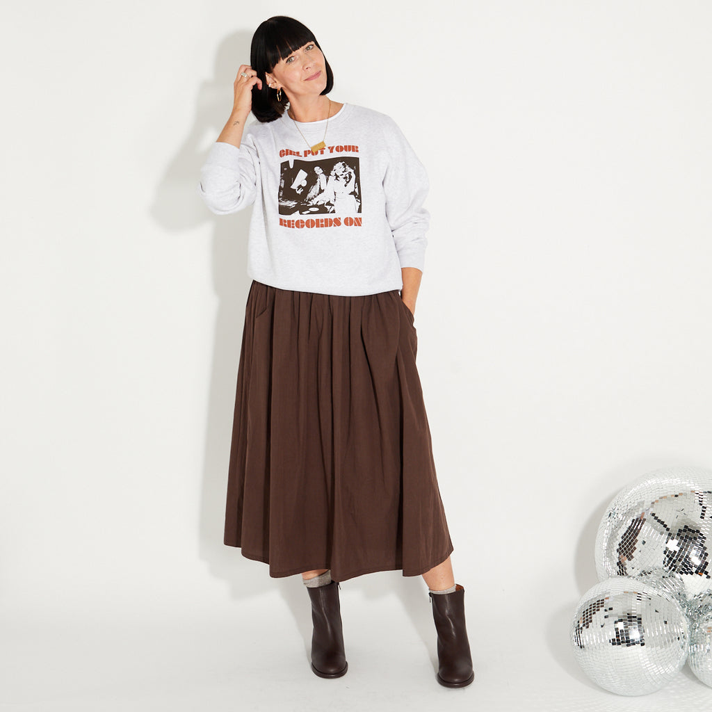 Womens Pale Grey Marl sweatshirt with 'GIRL PUT YOUR RECORDS ON' text and design - Disko Kids
