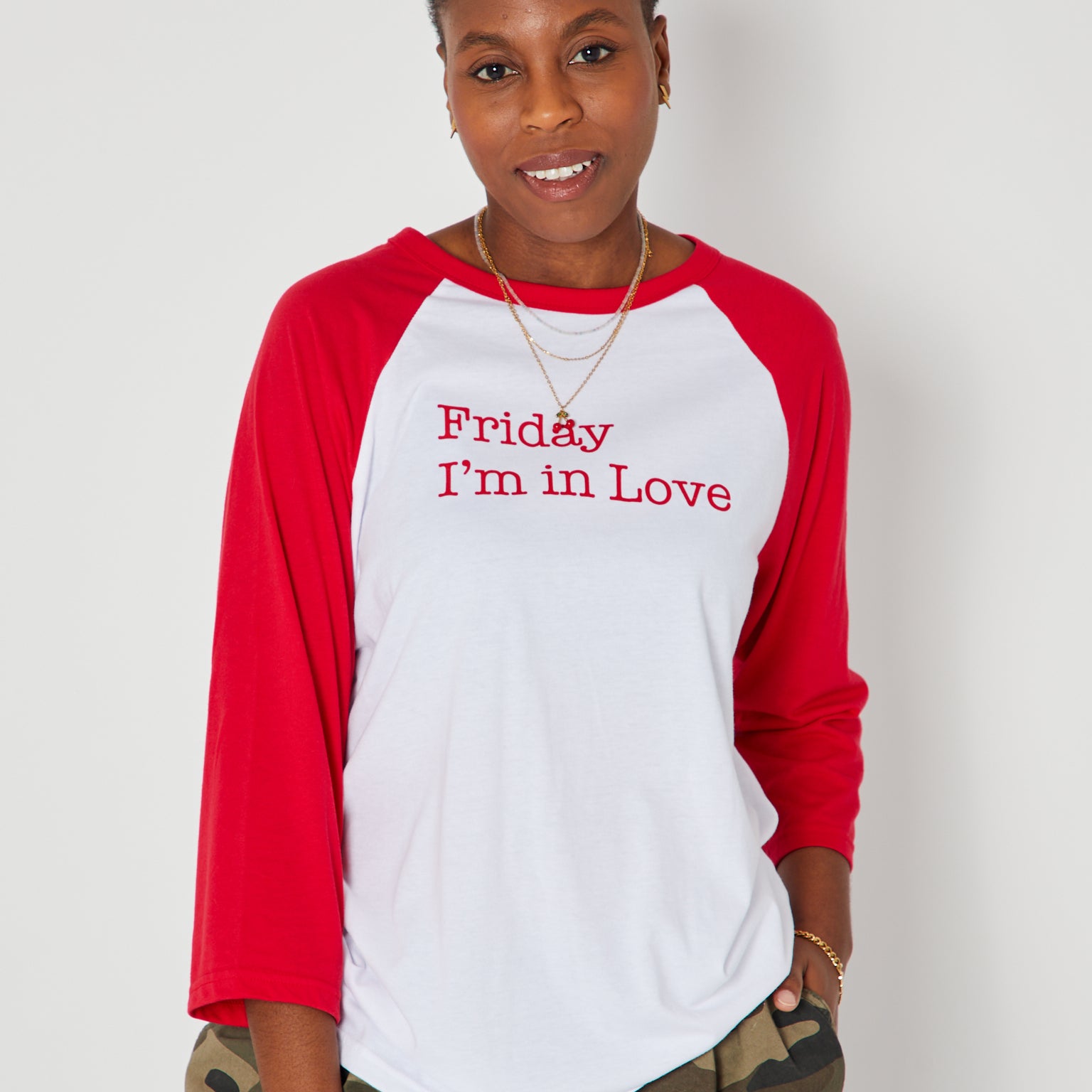 Friday I'm In Love raglan sleeve tshirt in red and wite disko kids
