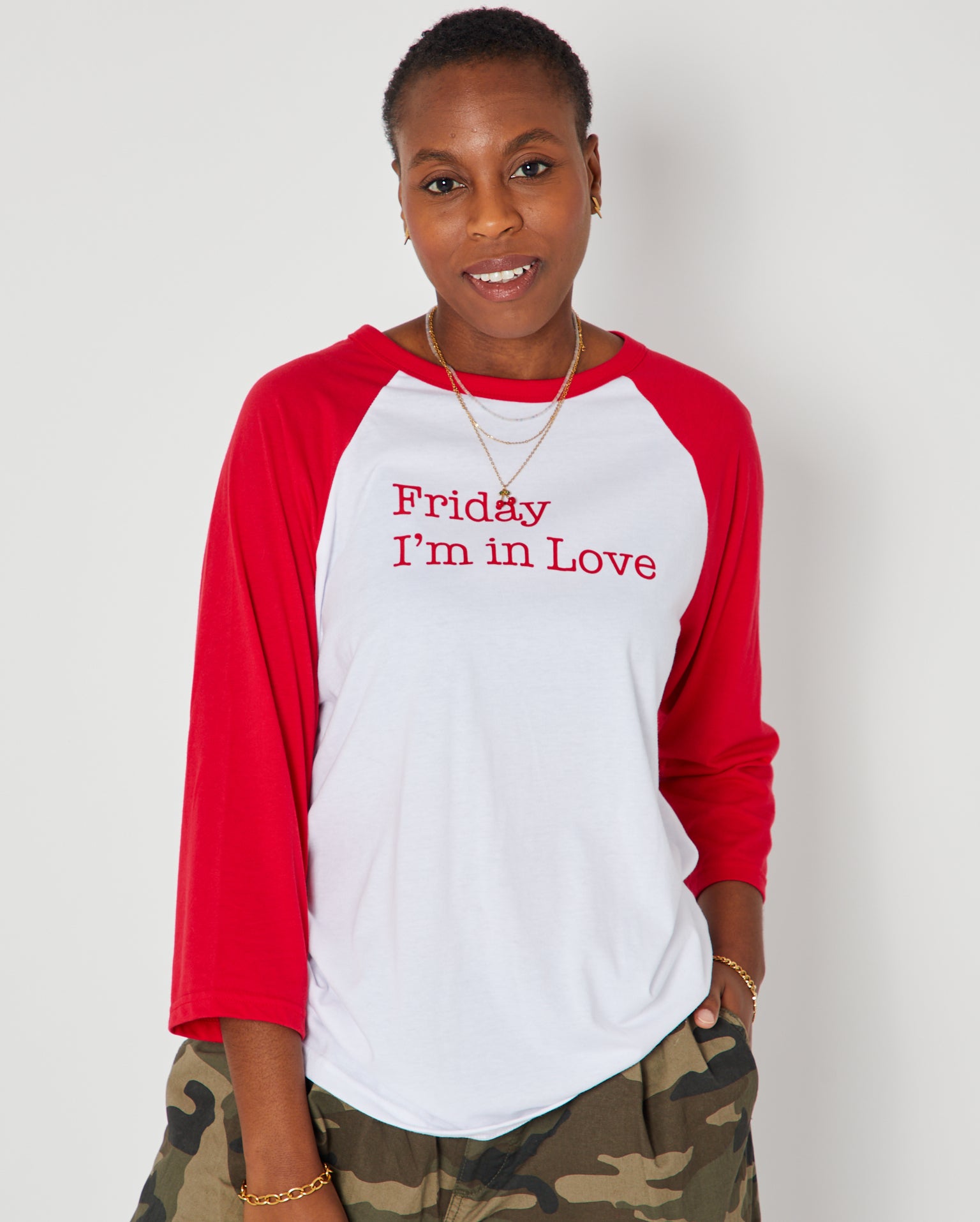 Friday I'm In Love raglan sleeve tshirt in red and wite disko kids