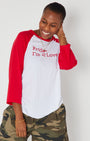 Friday I'm In Love raglan sleeve tshirt in red and wite side view with jewellery