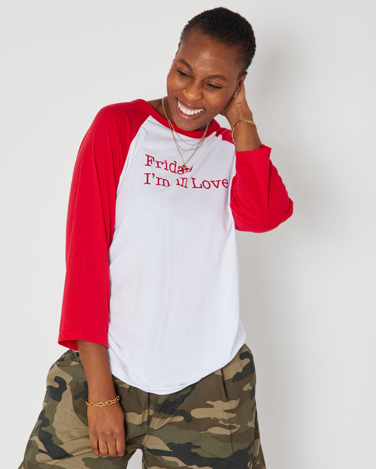 Friday I'm In Love raglan sleeve tshirt in red and wite side view with jewellery