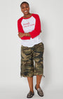 Friday I'm In Love raglan sleeve tshirt in red and wite basebal style tshirt whoe outfit styled with camo jorts