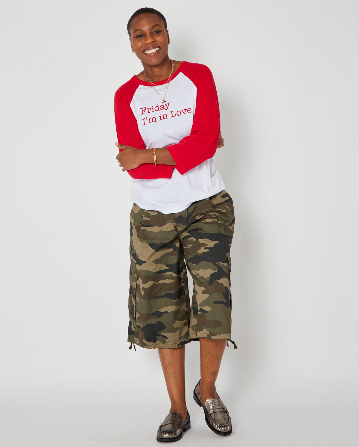 Friday I'm In Love raglan sleeve tshirt in red and wite basebal style tshirt whoe outfit styled with camo jorts