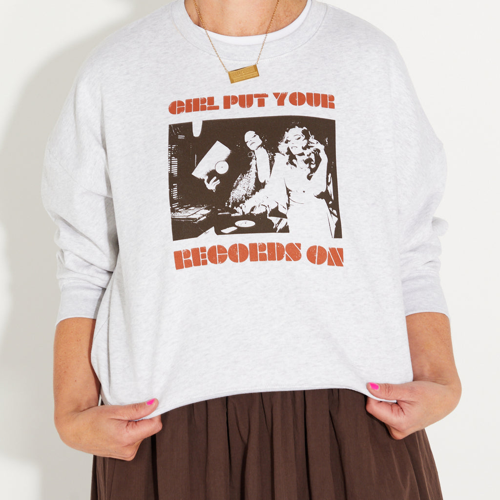 Womens Pale Grey Marl sweatshirt with 'GIRL PUT YOUR RECORDS ON' text and design - Disko Kids
