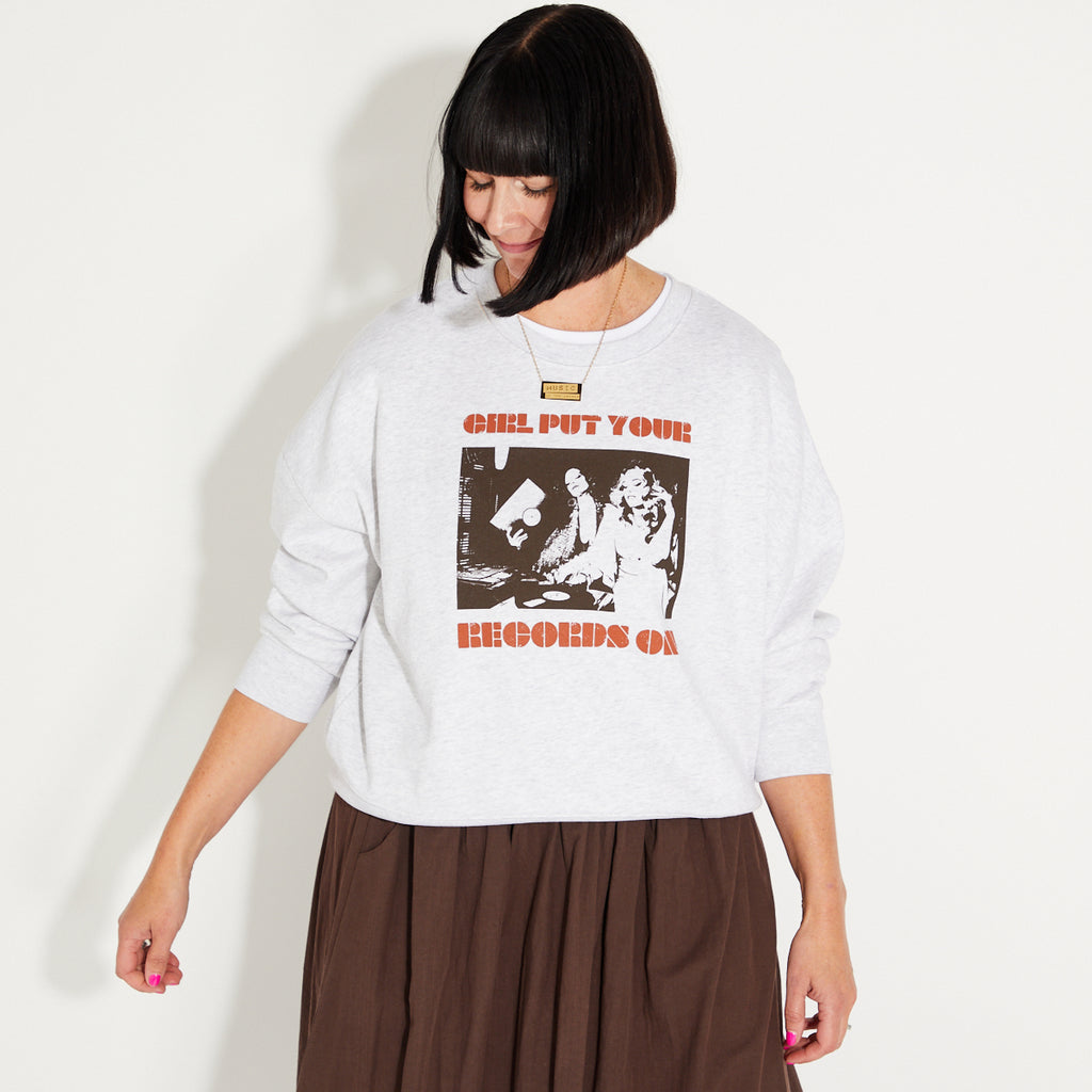 Womens Pale Grey Marl sweatshirt with 'GIRL PUT YOUR RECORDS ON' text and design - Disko Kids