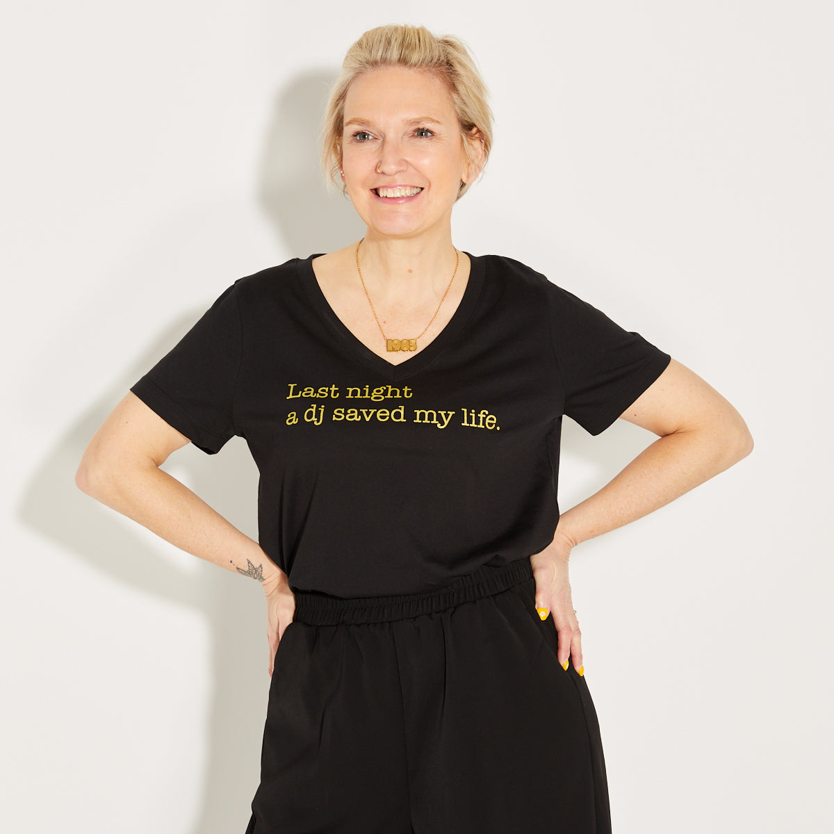 Last Night a DJ V Neck Tshirt Black & Gold - Disko Kids