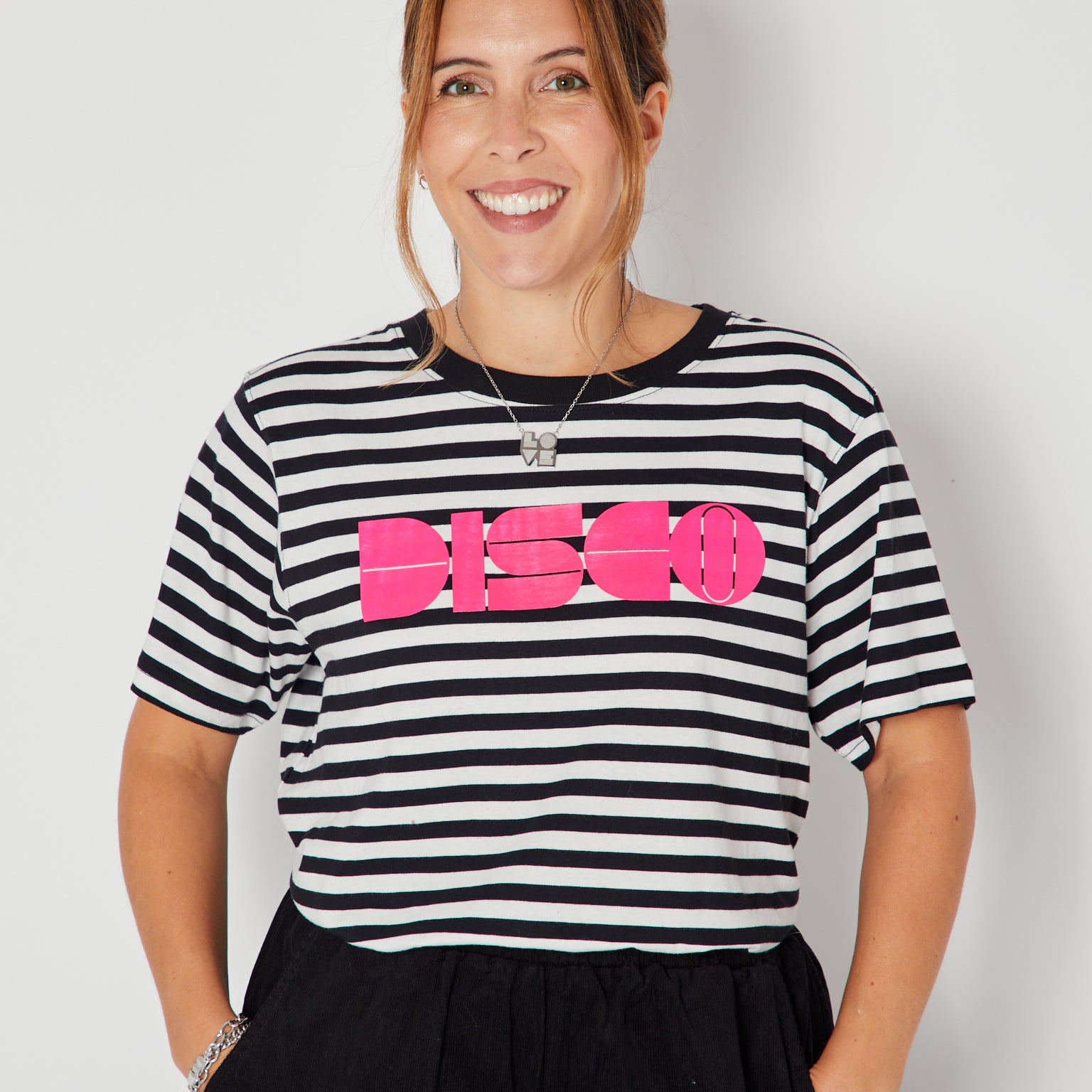 Disco Striped Donna Tshirt Pink with LOVE silver pendant