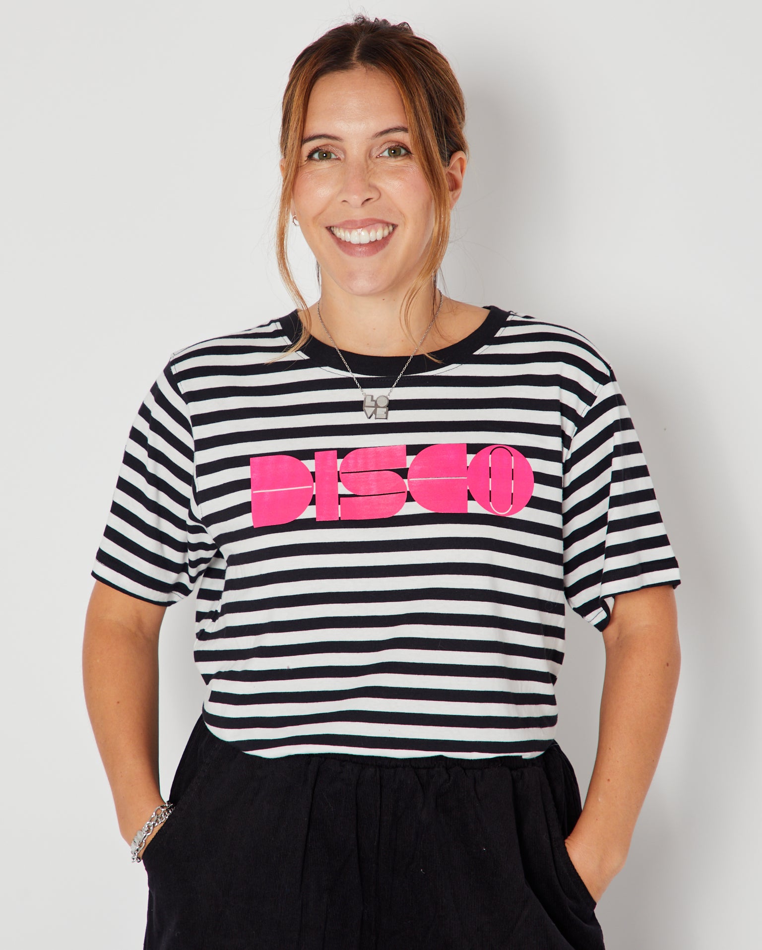 Disco Striped Donna Tshirt Pink with LOVE silver pendant
