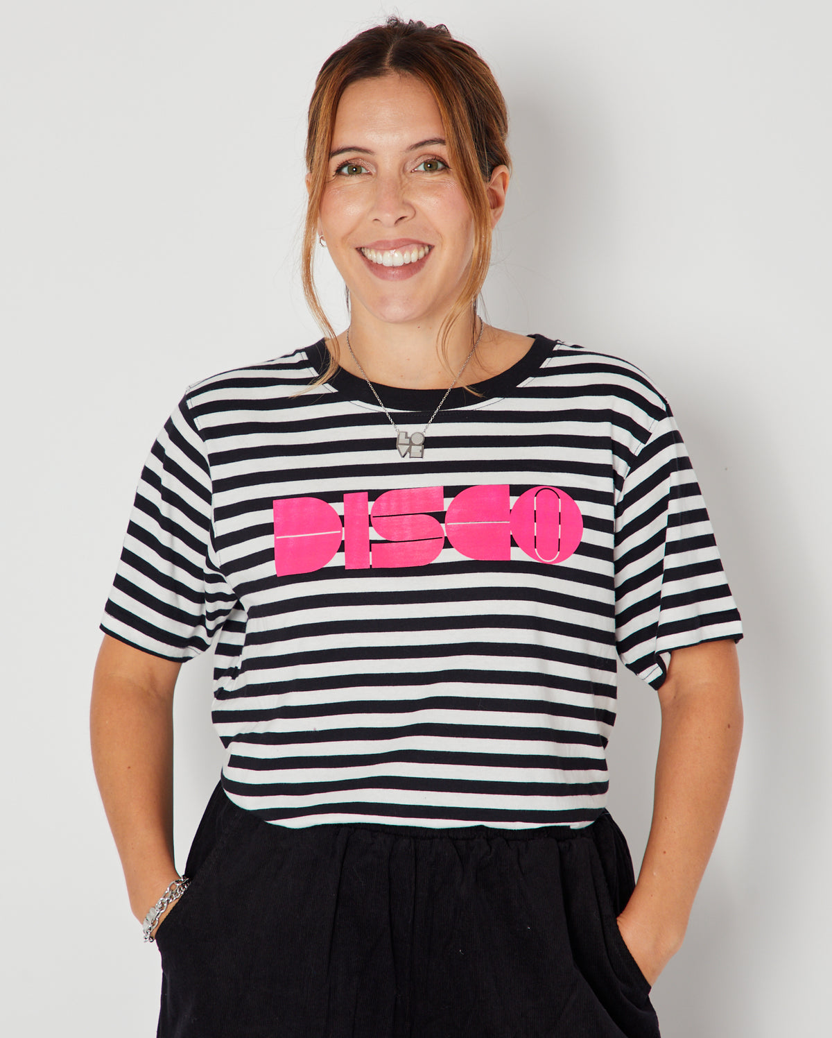 Disco Striped Donna Tshirt Pink with LOVE silver pendant