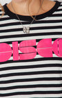 Disco Striped Donna Tshirt Pink close up of bold DISCO pink print and necklace