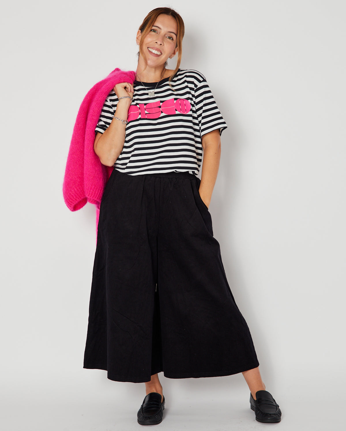 Disco Striped Donna Tshirt Pink styled with wide leg culottes and pink knit
