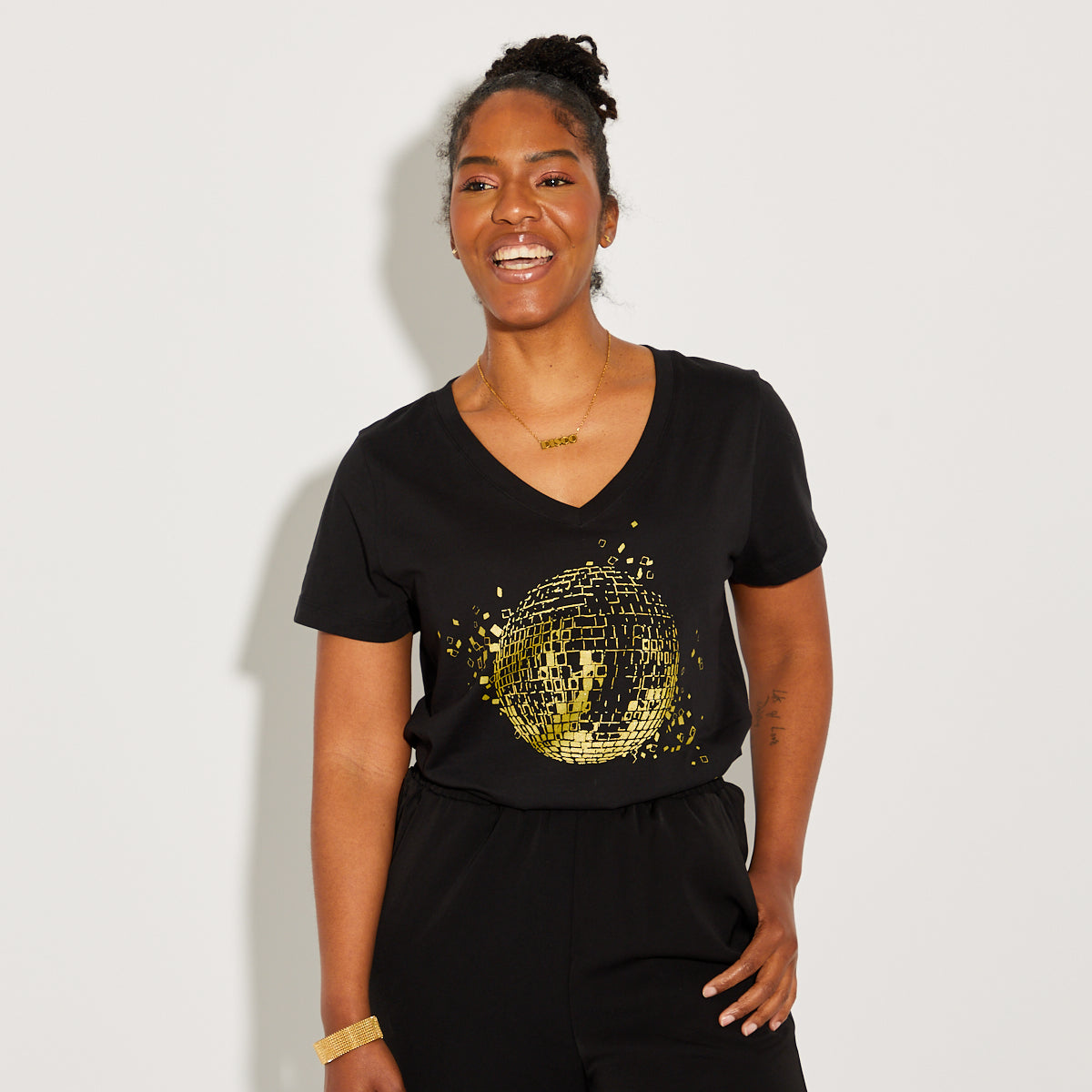 Disco Down V Neck Tshirt Black & Gold - Disko Kids