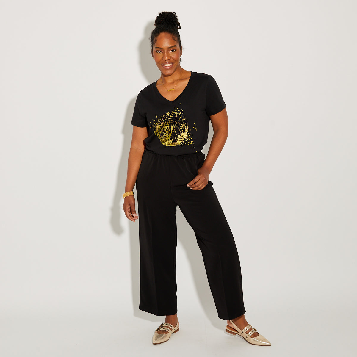 Disco Down V Neck Tshirt Black & Gold - Disko Kids