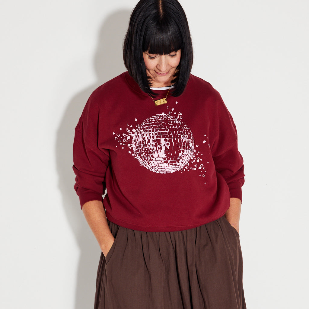 Burgundy Sweatshirt with shattered discoball design - Disco Kids