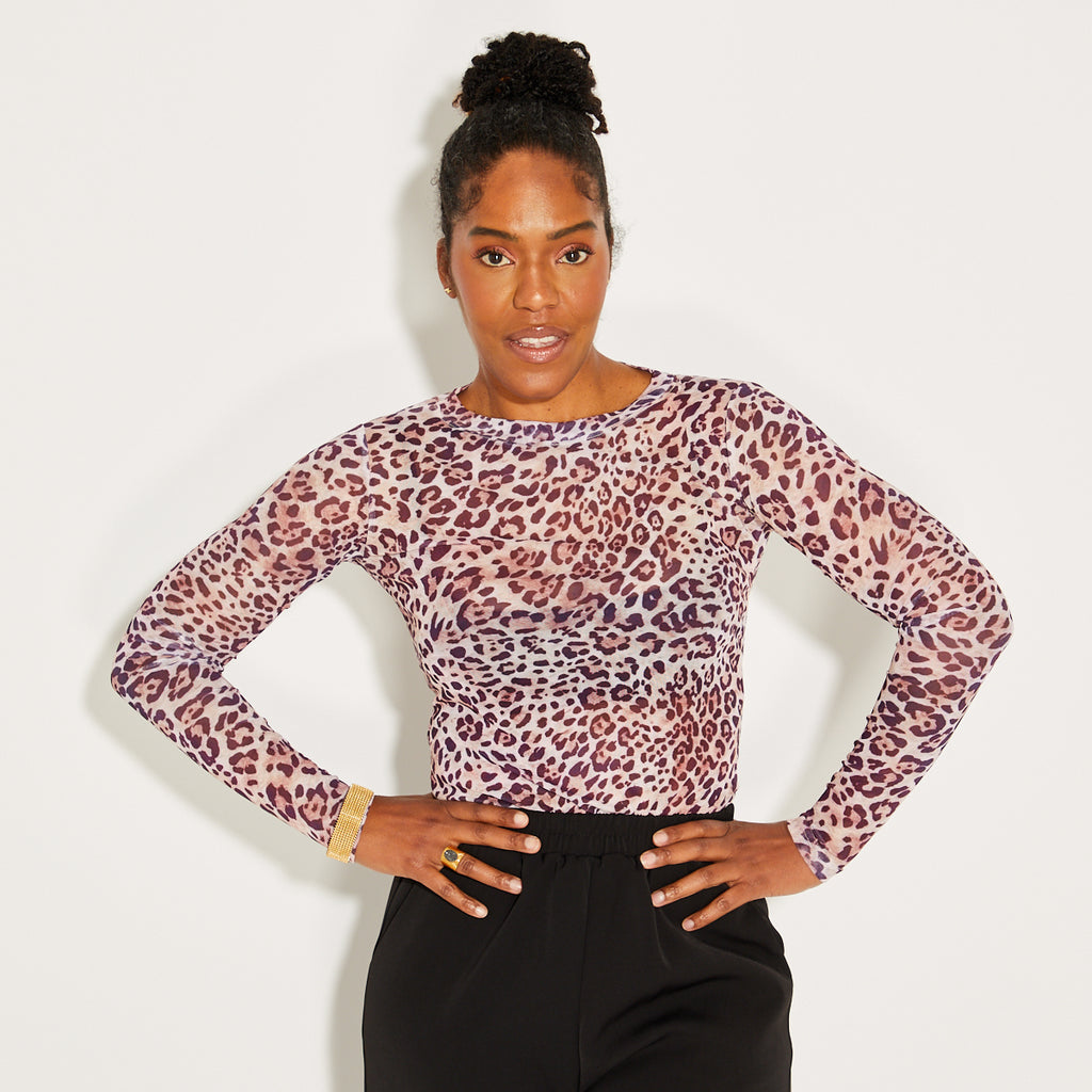 Leopard Print Long Sleeve Mesh Top