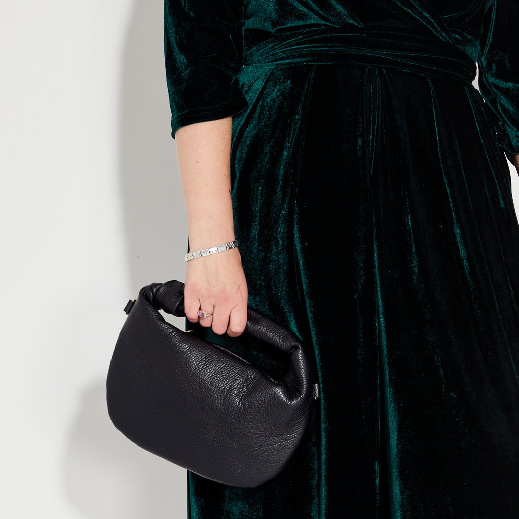 Black leather handbag with knotted handle hobo bag