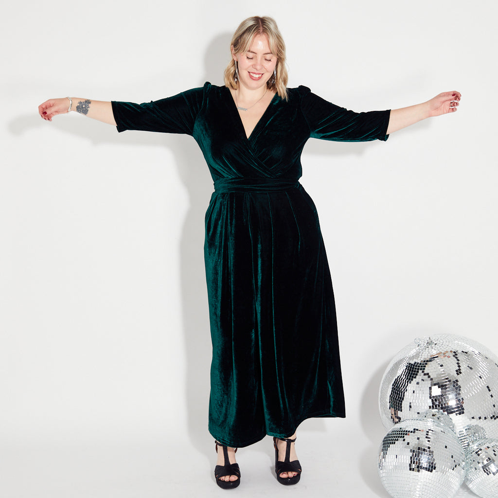 Green Velvet v neck wide leg jumpsuit Disko Kids  Christmas Partywear 