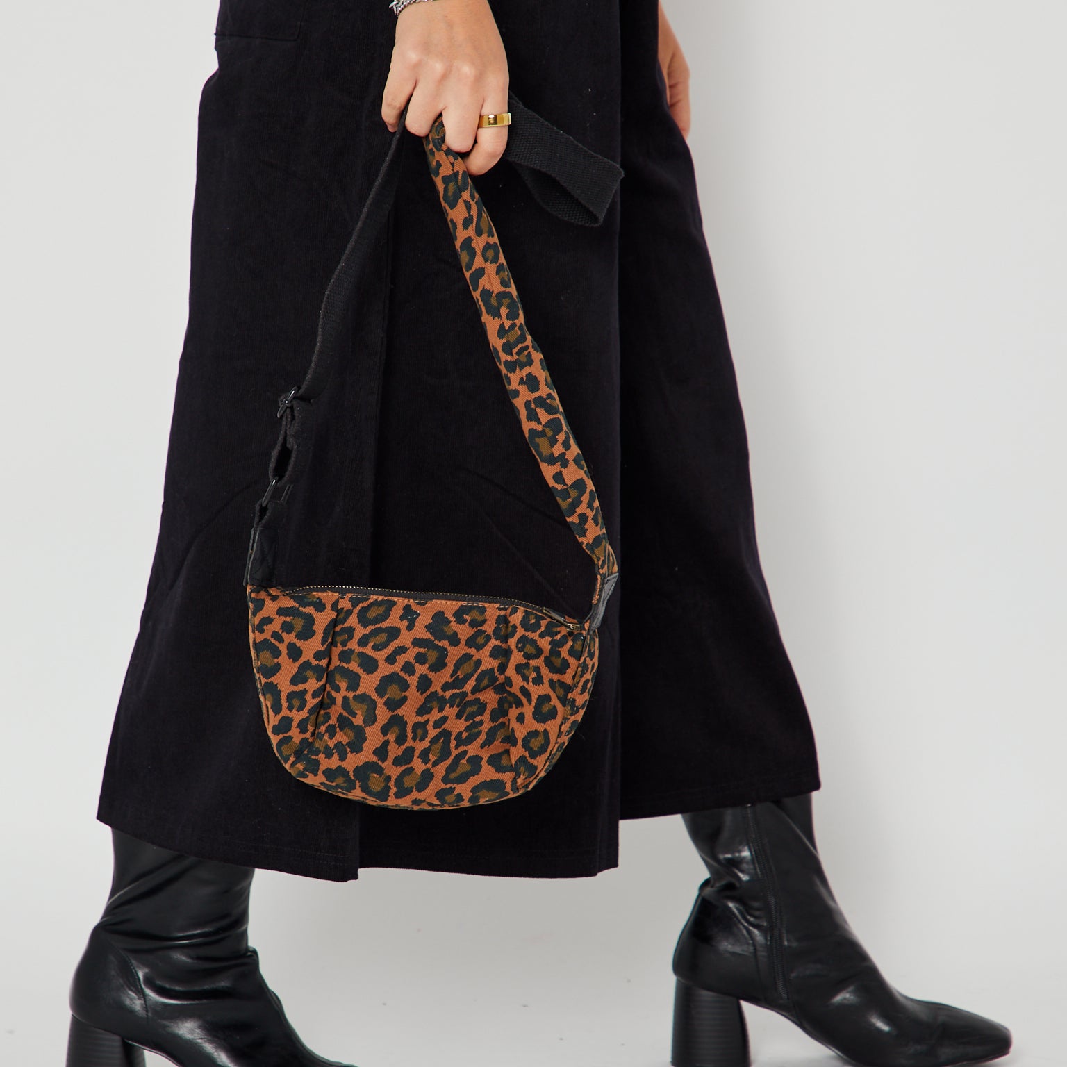 Mini Leopard Print Crossbody Bag with cord culottes and boots