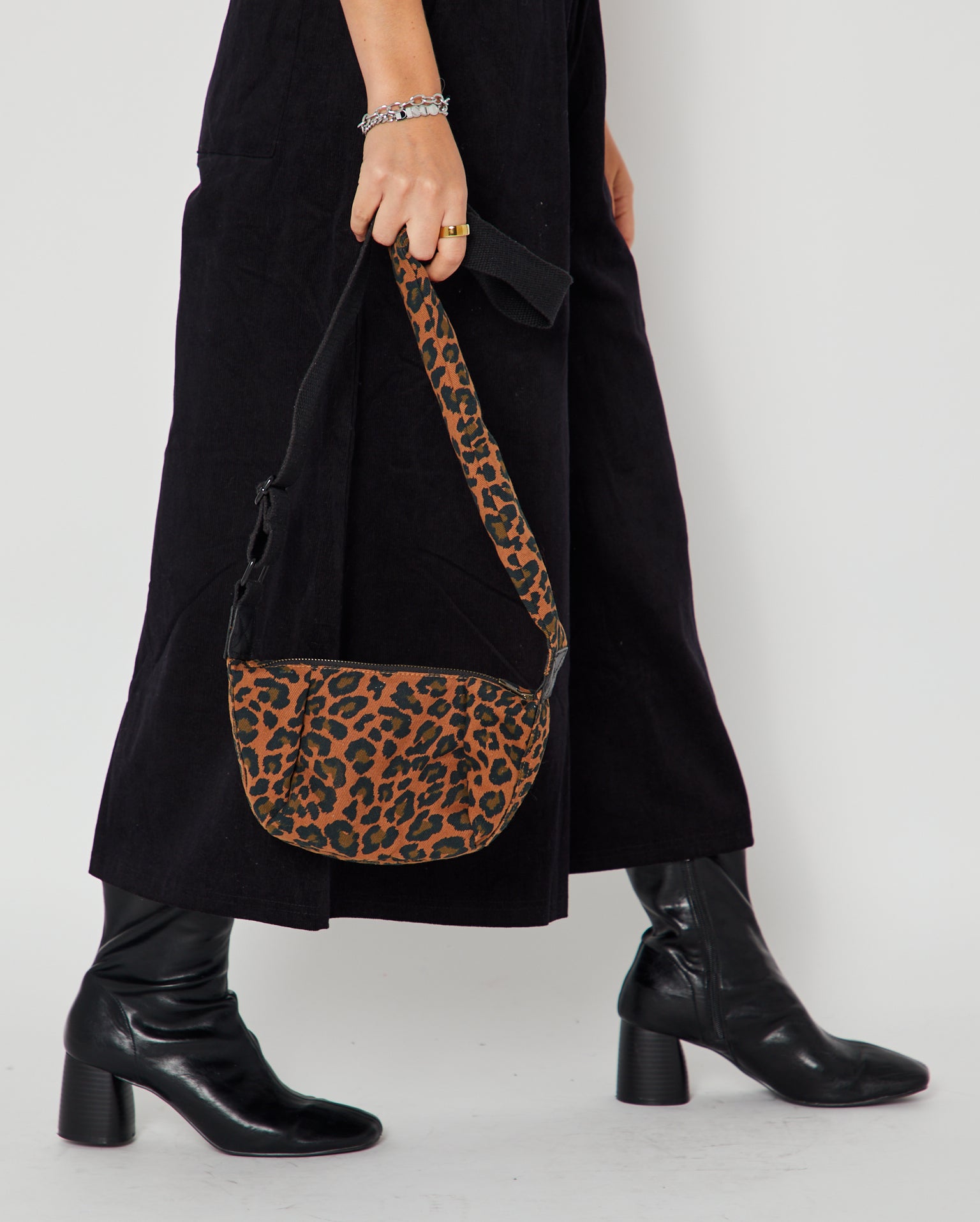Mini Leopard Print Crossbody Bag with cord culottes and boots