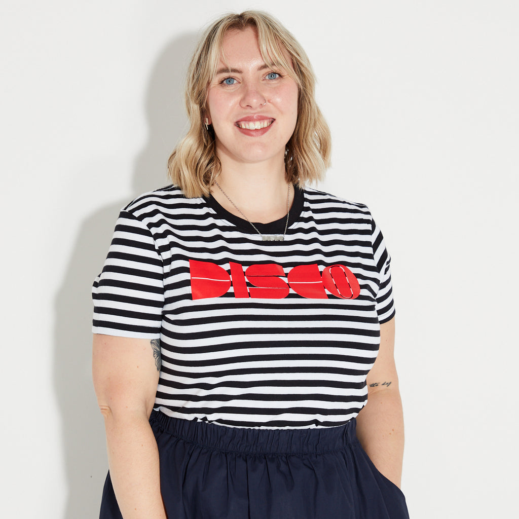 Womens black and white striped t-shirt with red 'DISCO' print - Disko Kids
