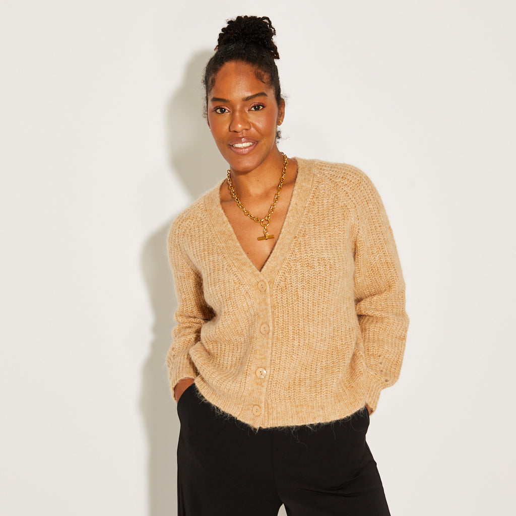 Taupe Knitted V Neck Cardigan