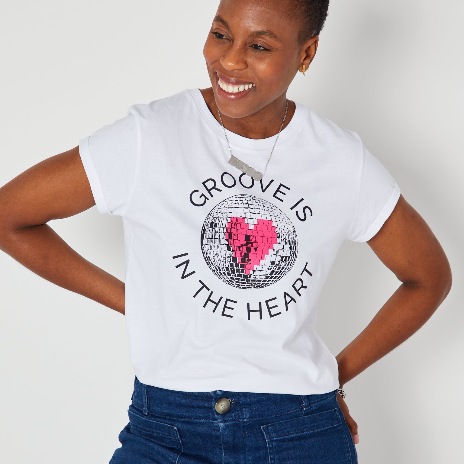 Groove Is In The Heart disco ball graphic tshirt disko kids styled with DISCO necklace 