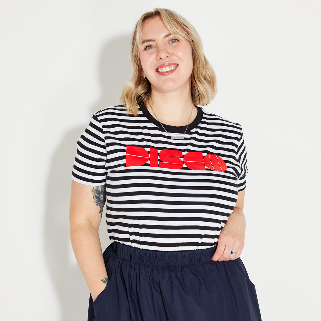 Womens black and white striped t-shirt with red 'DISCO' print - Disko Kids