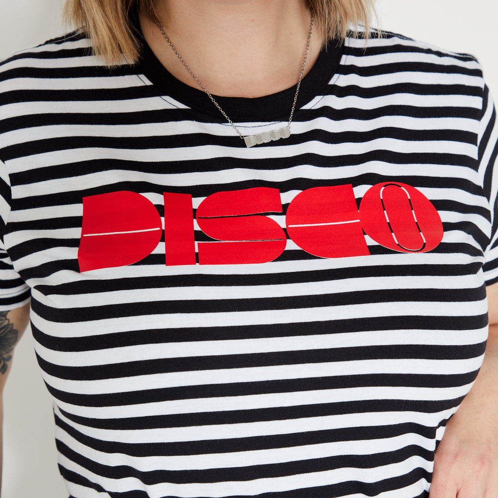 Womens black and white striped t-shirt with red 'DISCO' print - Disko Kids