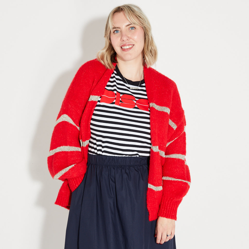 Disco metallic stripe red cardigan 