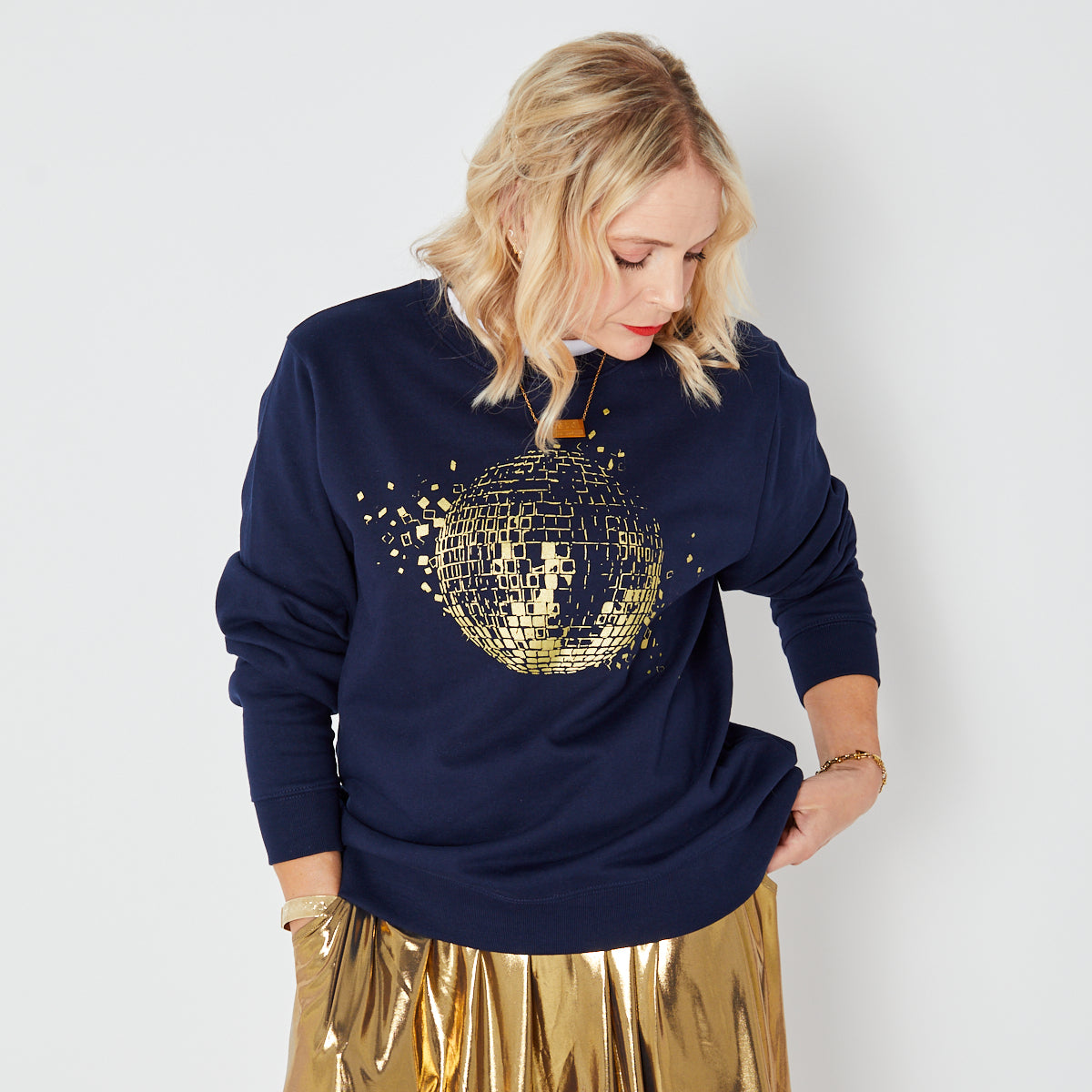 navy sweatshirt with gold graphic discoball on front - disko kids
