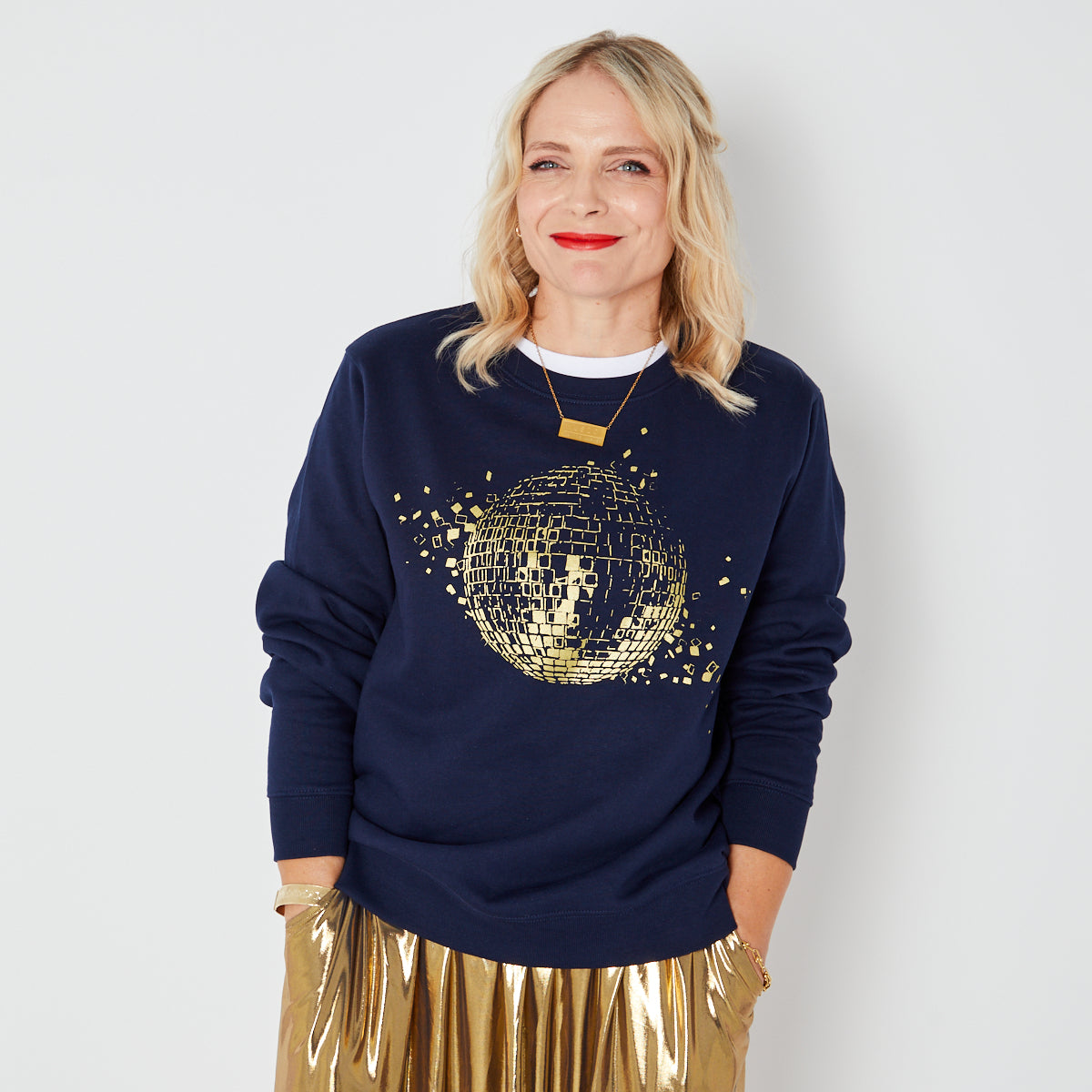 navy sweatshirt with gold graphic discoball on front - disko kids