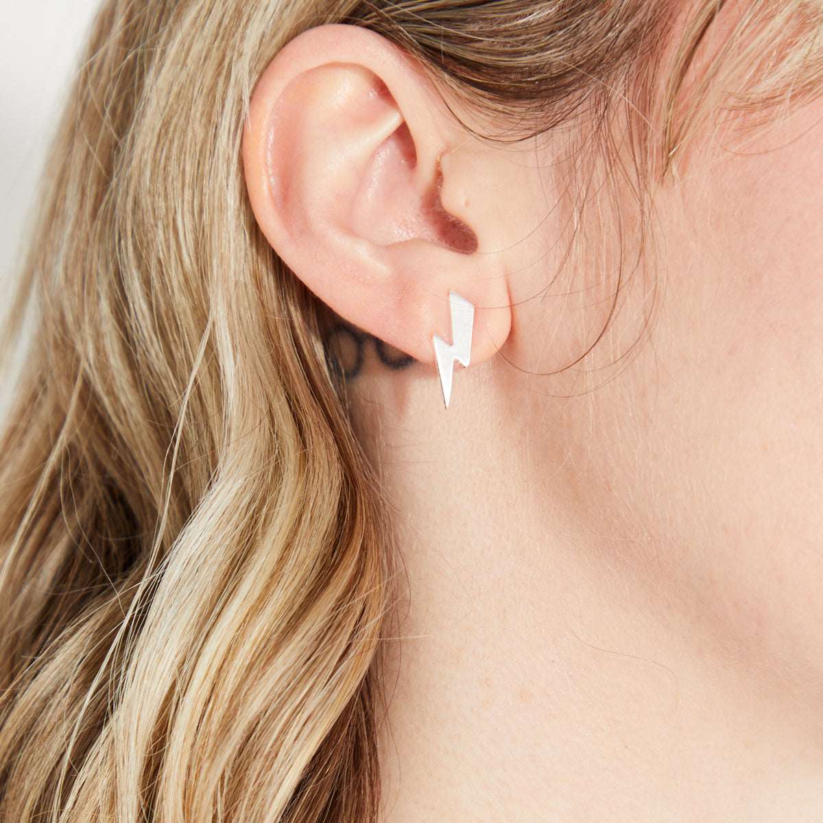 Brushed Silver Lightning Bolt Stud Earrings – Disko Kids - Main Image