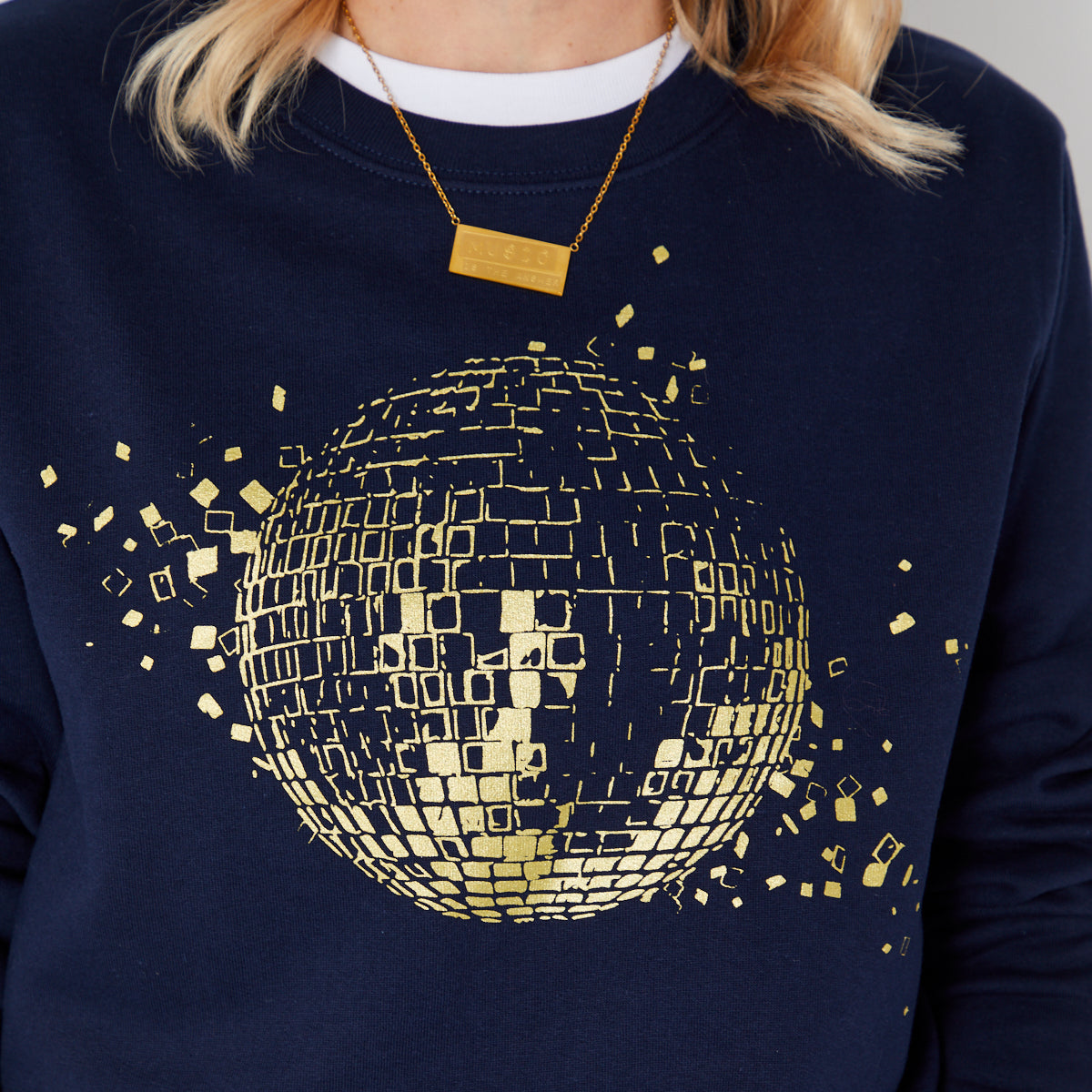 navy sweatshirt with gold graphic discoball on front - disko kids