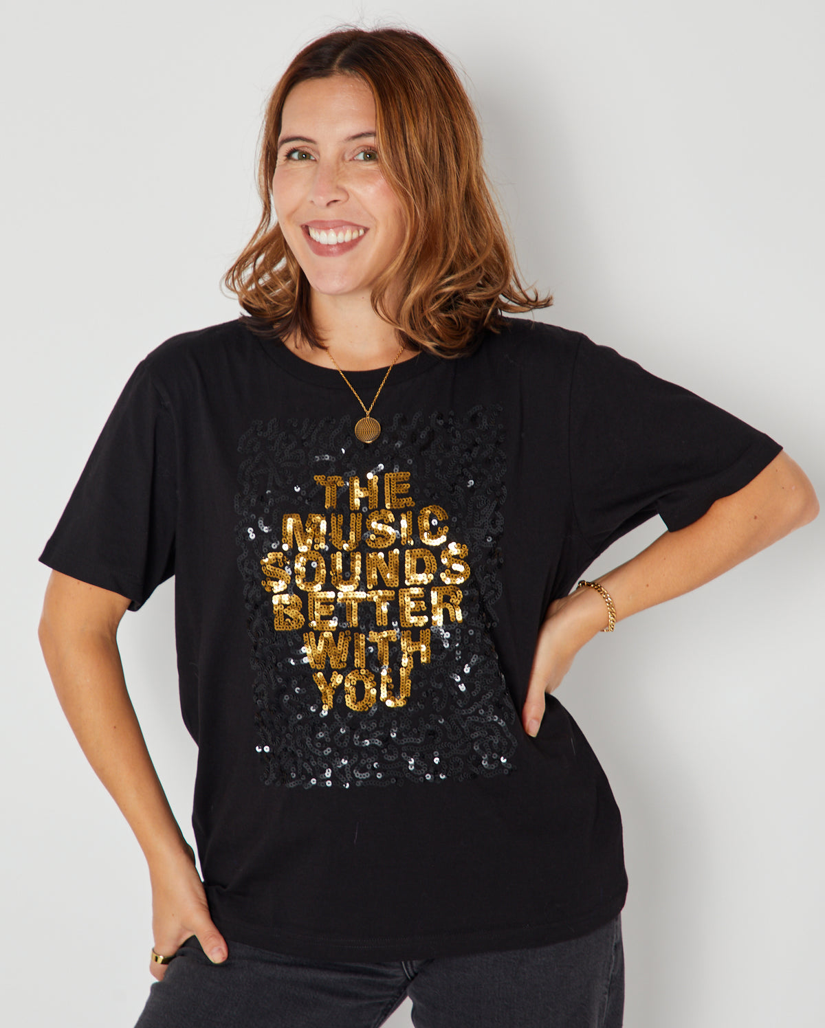 Music Sounds Better With You Sequin Donna Tshirt with disco ball necklace partywear disko kids