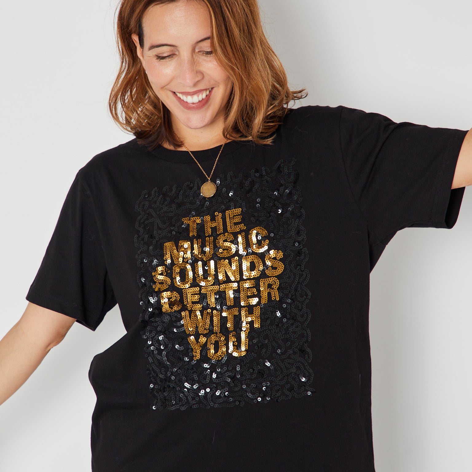 Music Sounds Better With You Sequin Donna Tshirt for party season and christmas