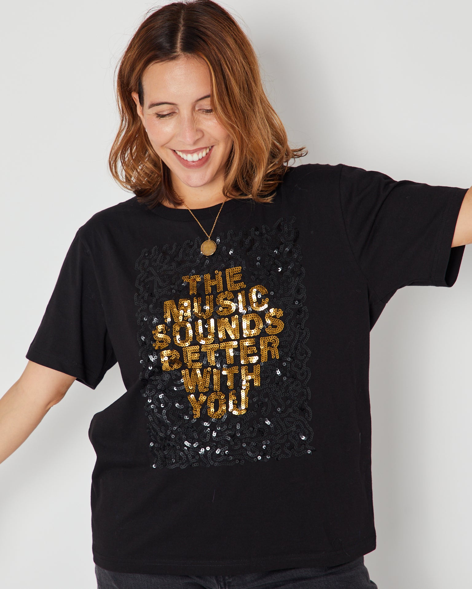 Music Sounds Better With You Sequin Donna Tshirt for party season and christmas